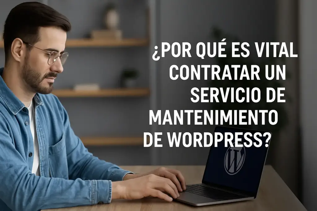 Hombre trabajando en el mantenimiento de un sitio WordPress en su portátil, con el texto '¿Por qué es vital contratar un servicio de mantenimiento de WordPress?' destacado al lado. Imagen profesional que representa soporte técnico web.