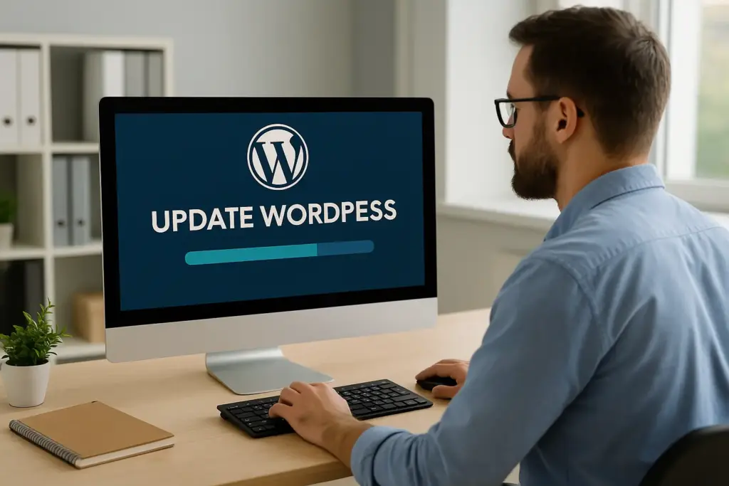 Desarrollador revisando actualizaciones de WordPress en su ordenador portátil en una oficina moderna, representando la importancia del mantenimiento y la seguridad del sitio web.