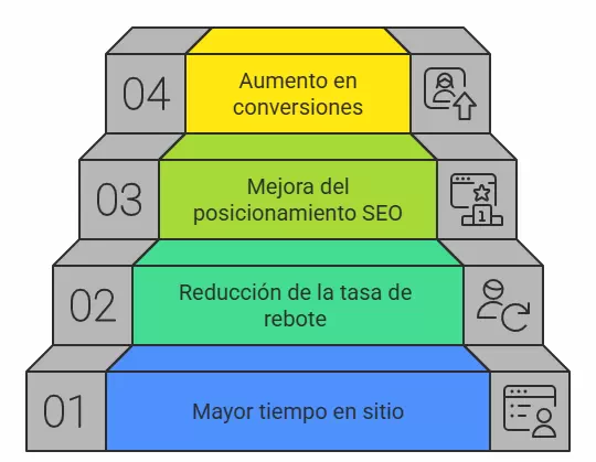 Escalera visual con los beneficios de una buena primera impresión digital, mostrando pasos como confianza, retención de usuarios, mejora del SEO y aumento de conversiones.