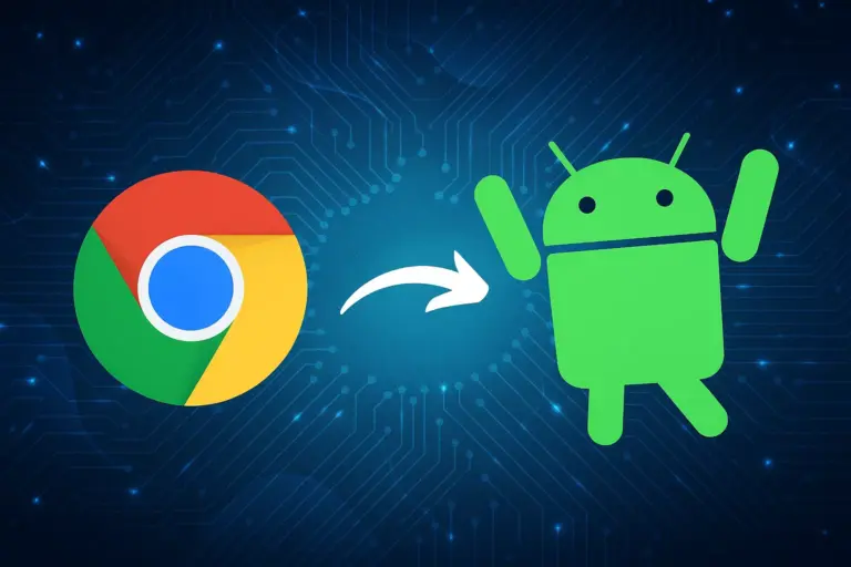 Ilustración digital con el logotipo de Chrome OS a la izquierda y la mascota de Android (Bugdroid) a la derecha, levantando los brazos con expresión alegre, conectados por una flecha blanca sobre un fondo azul con circuitos tecnológicos brillantes. Representa la fusión entre Chrome OS y Android anunciada por Google.