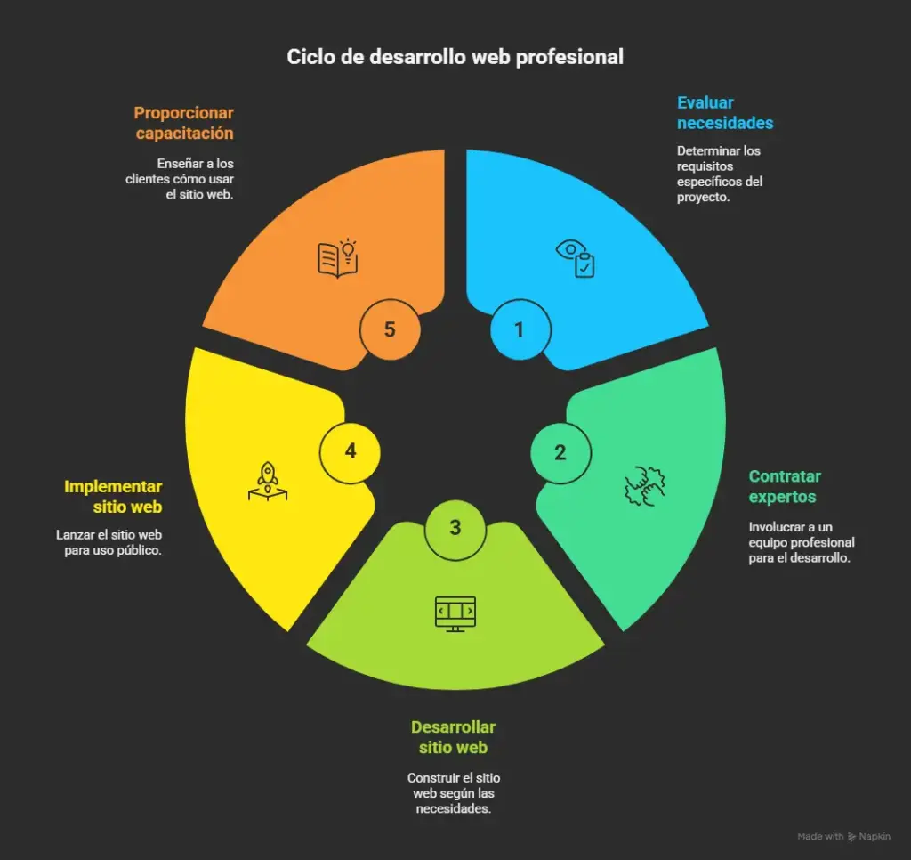 WordPress fácil de usar: Infografía circular que muestra el ciclo de desarrollo web profesional, desde la evaluación de necesidades hasta la capacitación del cliente, ideal para comprender cuándo solicitar ayuda profesional como la que ofrece Iberostudio en la creación de sitios web.