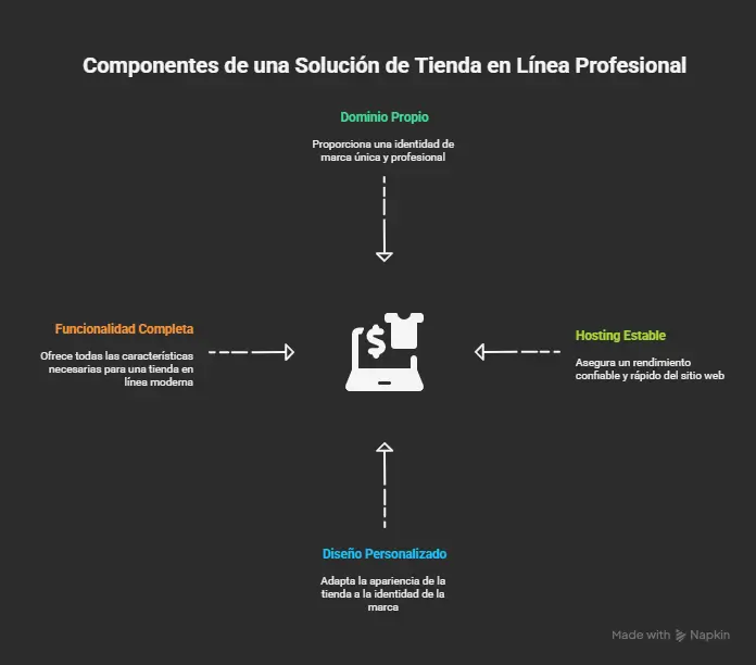 Infografía que muestra los componentes esenciales para evitar las limitaciones de hacer una tienda online gratis: dominio propio, hosting estable, diseño personalizado y funcionalidad completa. Imagen del artículo de Iberostudio sobre cómo crear una tienda online profesional y sin restricciones.
