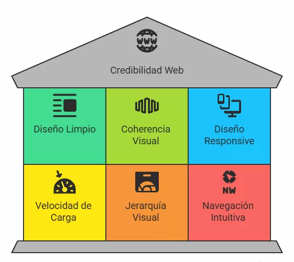 Credibilidad y diseño web: cómo ganarte la confianza del visitante desde el primer clic 2 Ilustración de un sitio web moderno que refleja diseño limpio y profesional, coherencia visual, adaptabilidad a móviles, jerarquía clara, navegación intuitiva y alta velocidad de carga, como ejemplo de credibilidad en diseño web.