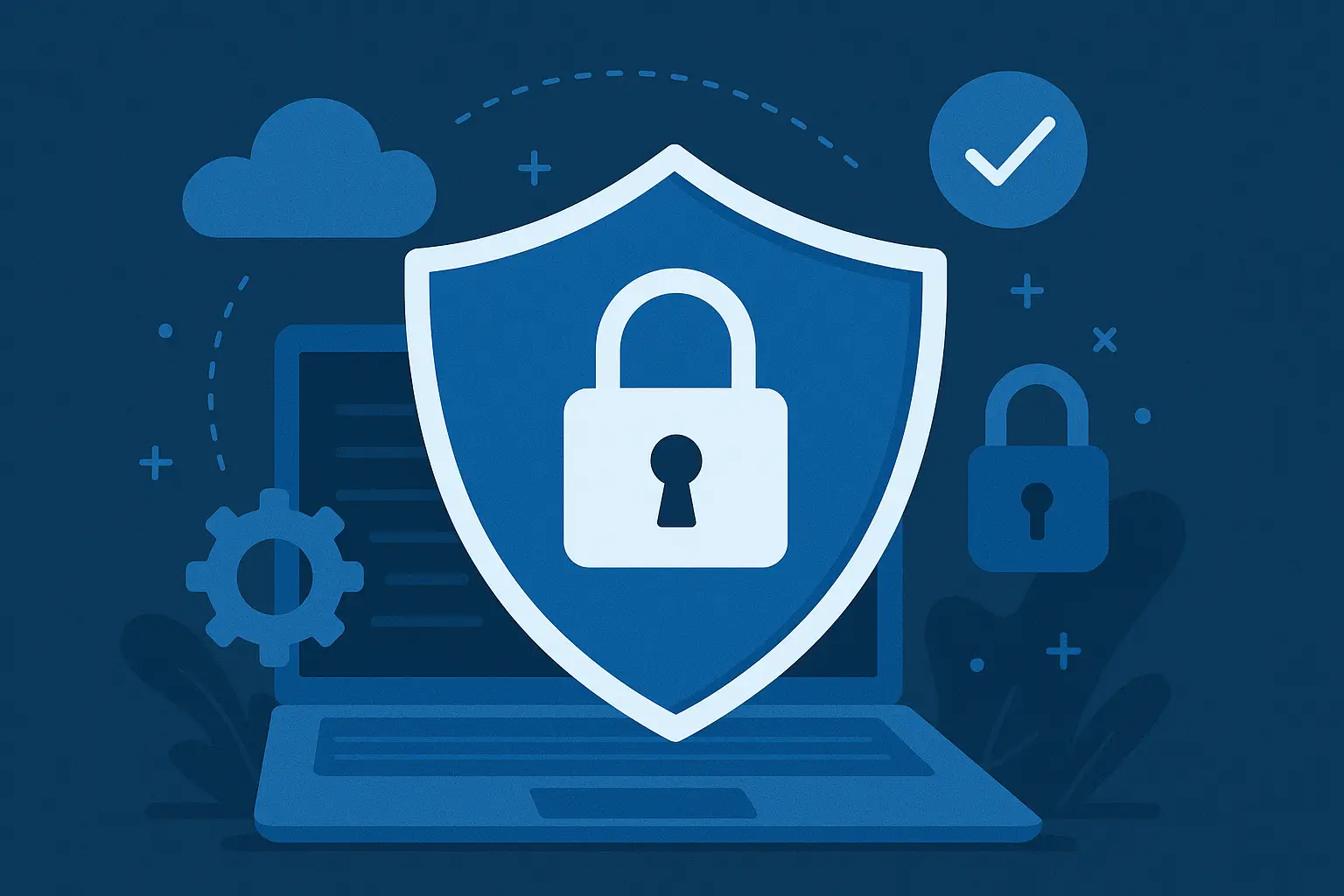 Mantenimiento web: Ilustración digital de ciberseguridad con escudo y candado sobre laptop, representando protección para sitios WordPress ofrecida por Ibero Studio
