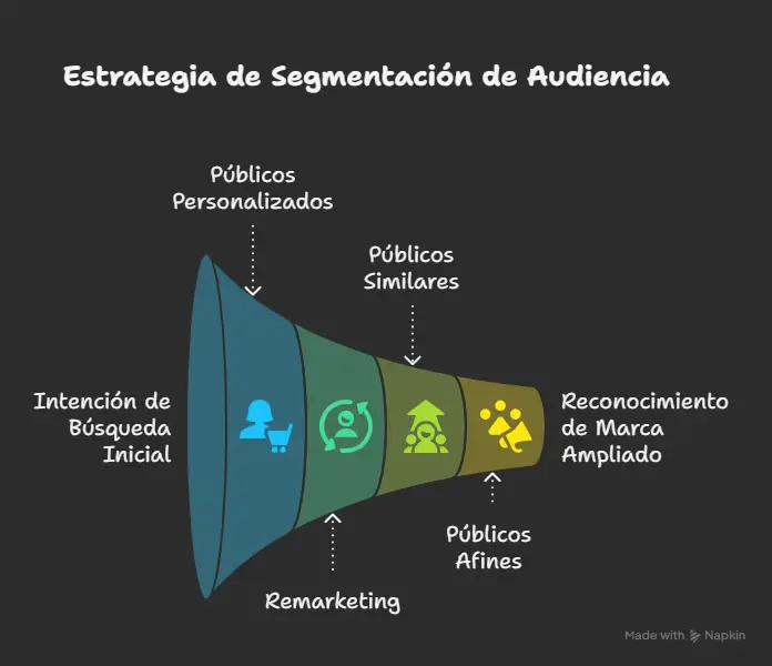 Diagrama en forma de embudo que muestra la estrategia de segmentación en Google Ads desde la intención de búsqueda hasta el reconocimiento de marca, incluyendo públicos personalizados, similares, afines y remarketing. Imagen del artículo de iberostudio.com sobre segmentación Google Ads.