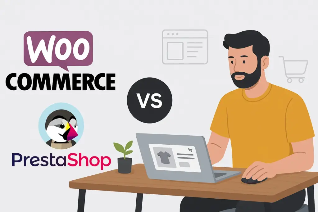 Comparativa entre WooCommerce y PrestaShop con ilustración de un emprendedor usando su laptop para decidir qué plataforma de tienda online elegir.