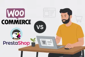 Comparativa entre WooCommerce y PrestaShop con ilustración de un emprendedor usando su laptop para decidir qué plataforma de tienda online elegir.