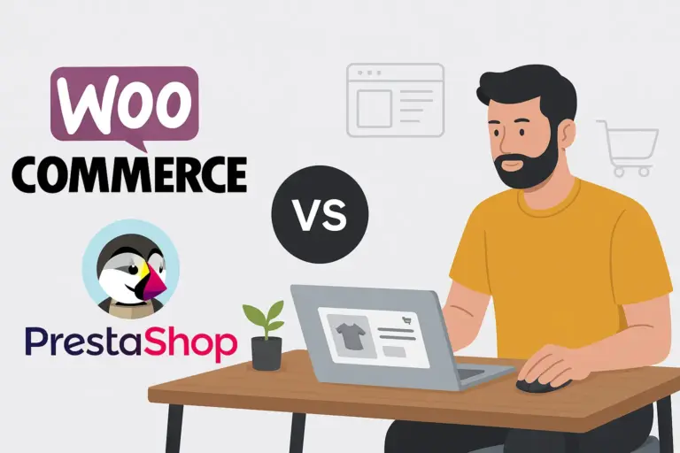 Comparativa entre WooCommerce y PrestaShop con ilustración de un emprendedor usando su laptop para decidir qué plataforma de tienda online elegir.
