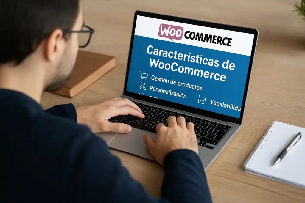 Hombre usando un portátil con WooCommerce mostrando en pantalla las características principales como gestión de productos, personalización y escalabilidad