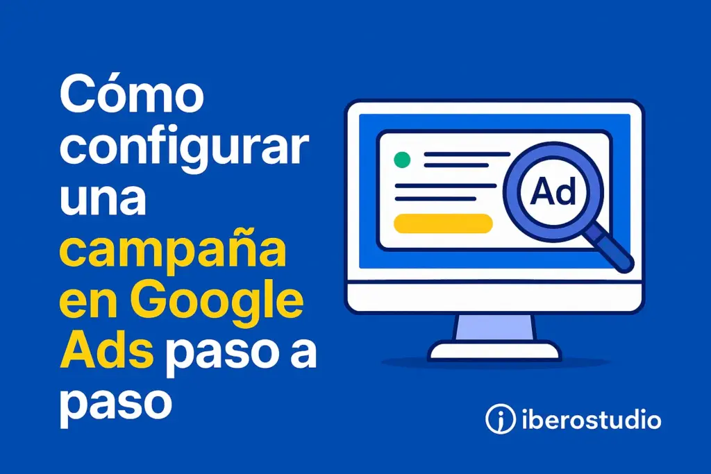 Ilustración con el título "Cómo configurar una campaña en Google Ads paso a paso", con un monitor que muestra un anuncio y el logotipo de Iberostudio, agencia de marketing digital especializada en campañas efectivas para negocios locales y emprendedores.