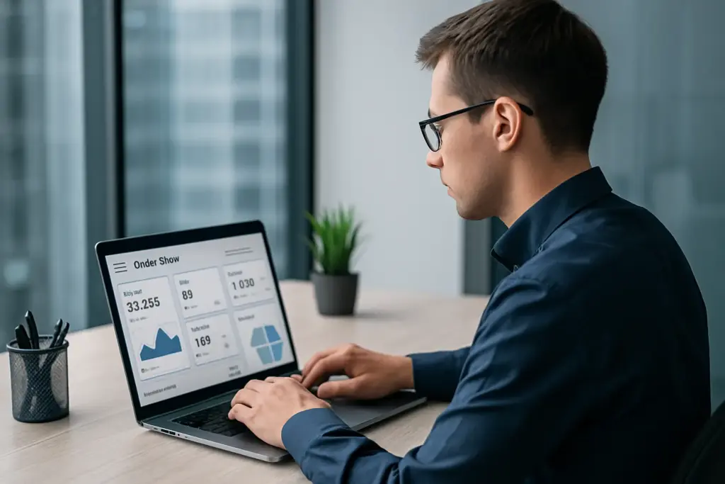 Emprendedor gestionando su tienda online desde un entorno profesional, enfocado en su objetivo de crecimiento digital con el apoyo de iberostudio.com