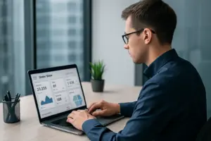 Emprendedor gestionando su tienda online desde un entorno profesional, enfocado en su objetivo de crecimiento digital con el apoyo de iberostudio.com