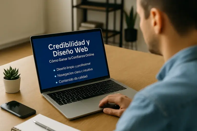Hombre trabajando en una presentación titulada “Credibilidad y Diseño Web” en un portátil, en una oficina moderna, destacando claves para generar confianza online.
