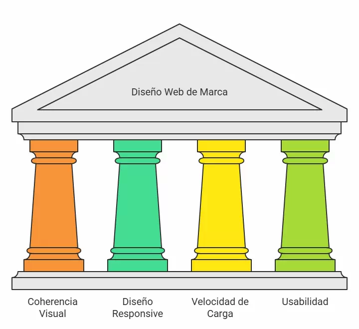 Diseño web y branding: construyendo marcas memorables en el entorno digital 2 Ilustración conceptual de un sitio web moderno que representa los elementos clave del diseño alineado con el branding: coherencia visual en colores y tipografía, diseño responsive adaptable a móviles, velocidad de carga optimizada y navegación intuitiva que refuerza la experiencia del usuario.