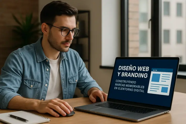 Diseñador web trabajando en una presentación titulada “Diseño Web y Branding” en su portátil, en una oficina moderna con luz natural, representando la integración de identidad visual y desarrollo digital.