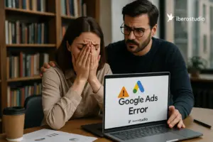 Mujer frustrada frente a un portátil con errores en campañas de Google Ads, mientras un asesor de Iberostudio la apoya en una oficina luminosa, representando ayuda profesional en marketing digital.