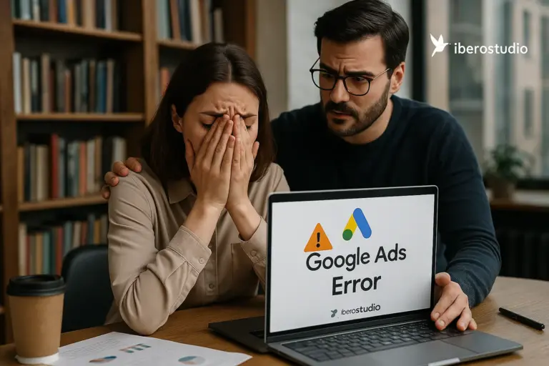 Mujer frustrada frente a un portátil con errores en campañas de Google Ads, mientras un asesor de Iberostudio la apoya en una oficina luminosa, representando ayuda profesional en marketing digital.