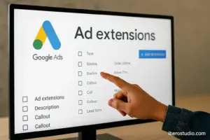 Captura realista de una pantalla mostrando un panel de Google Ads con extensiones activas, ideal para ilustrar una guía sobre extensiones Google Ads en iberostudio.com.