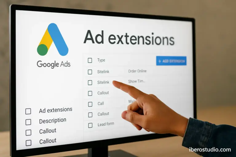 Captura realista de una pantalla mostrando un panel de Google Ads con extensiones activas, ideal para ilustrar una guía sobre extensiones Google Ads en iberostudio.com.