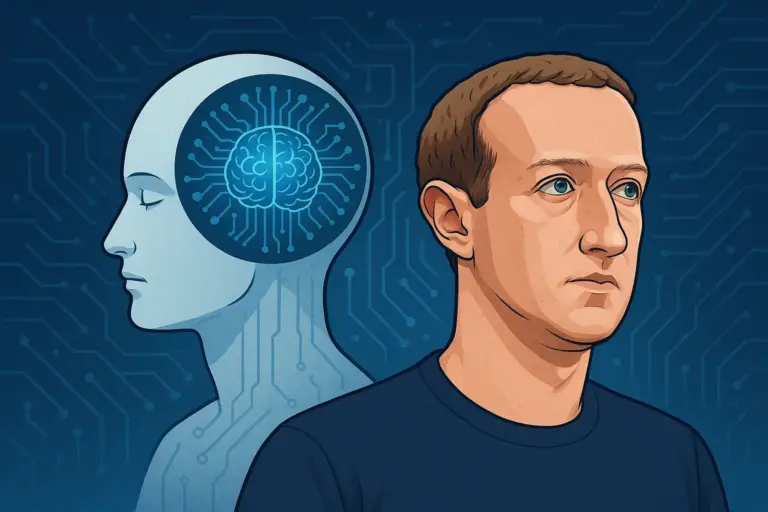 Ilustración digital de Mark Zuckerberg mirando al frente, acompañado de una figura humana con cerebro iluminado, representando la superinteligencia y el avance tecnológico de Meta