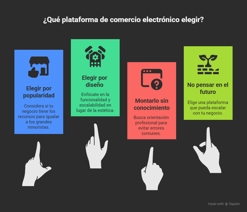 Errores comunes al elegir una plataforma de comercio electrónico: elegir por popularidad, diseño, falta de conocimiento o sin pensar en el futuro.