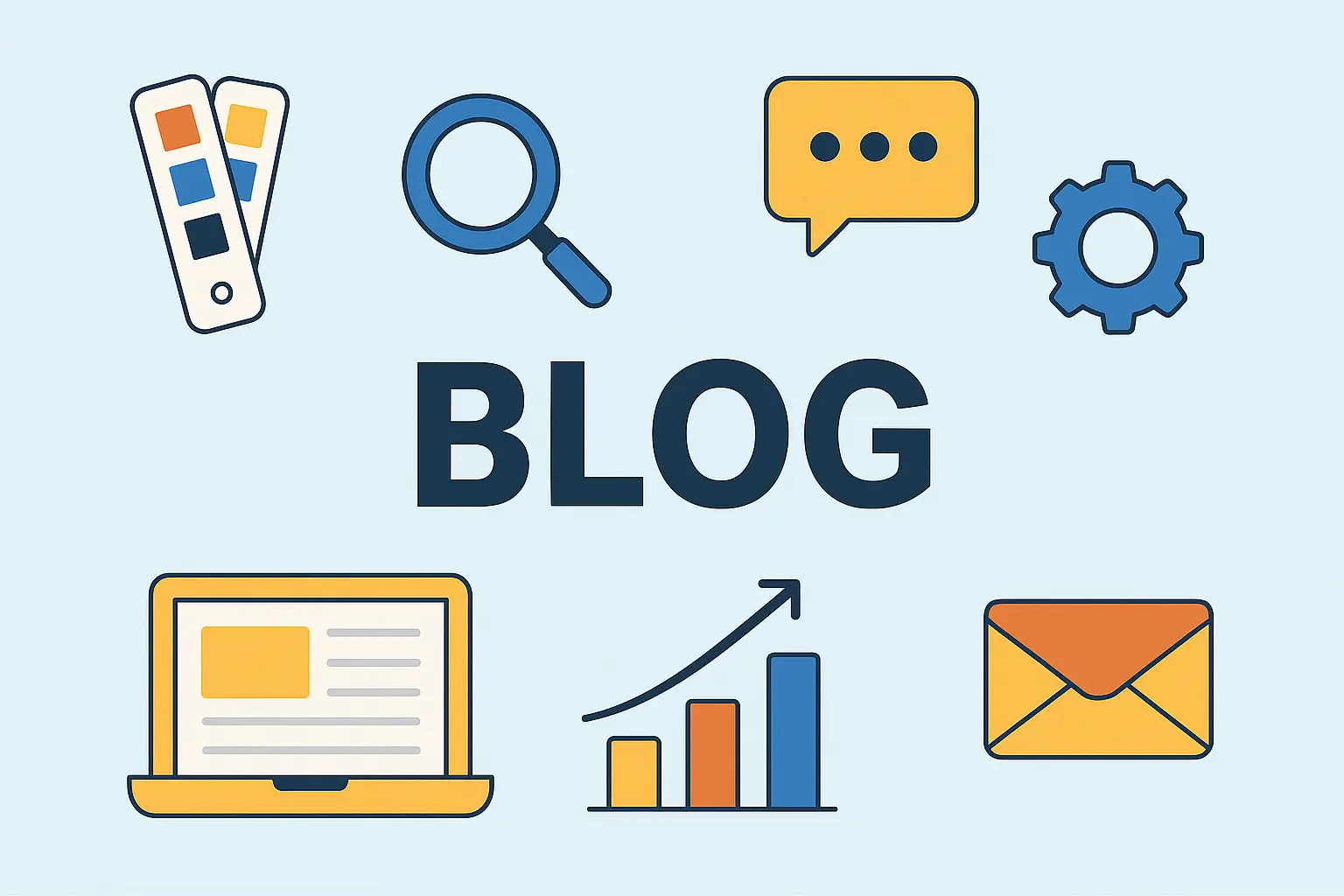 Imagen horizontal del blog de IBEROSTUDIO, con la palabra "BLOG" en el centro, rodeada de iconos representativos del mundo digital como una laptop, gráfico de barras, lupa, engranaje, sobre, burbuja de diálogo y paleta de colores, sobre fondo azul claro. Ideal para contenidos sobre diseño web, SEO y marketing digital.