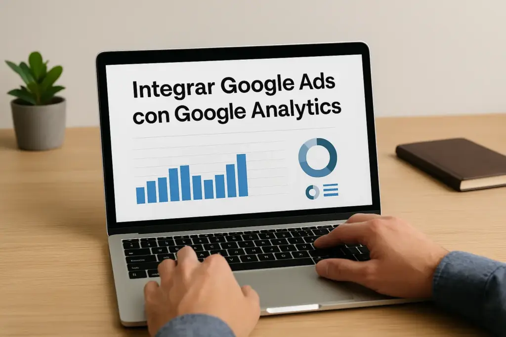 Persona usando un portátil para integrar Google Ads con Google Analytics 4, con gráficos en pantalla sobre rendimiento de campañas