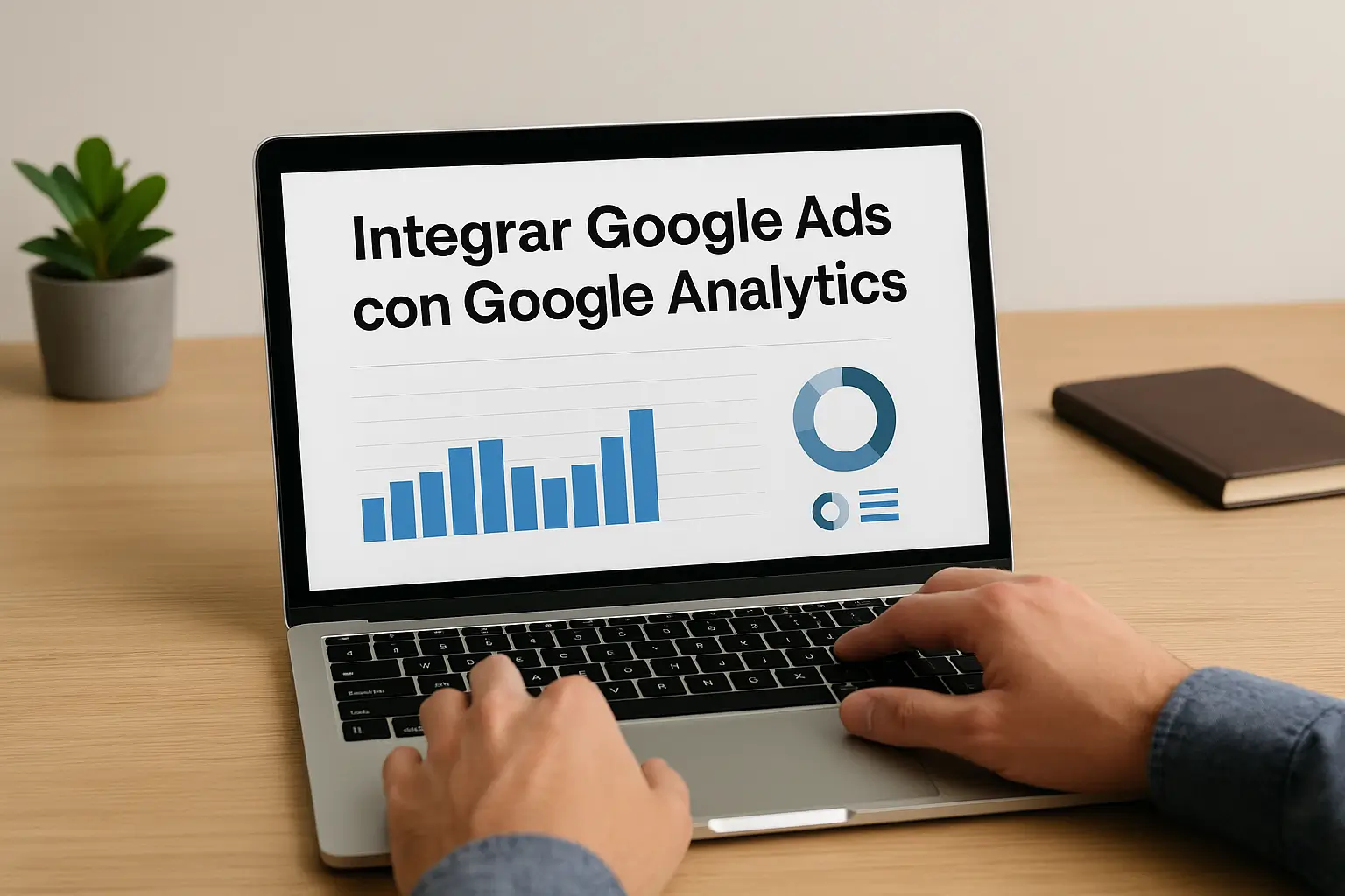 Persona usando un portátil para integrar Google Ads con Google Analytics 4, con gráficos en pantalla sobre rendimiento de campañas