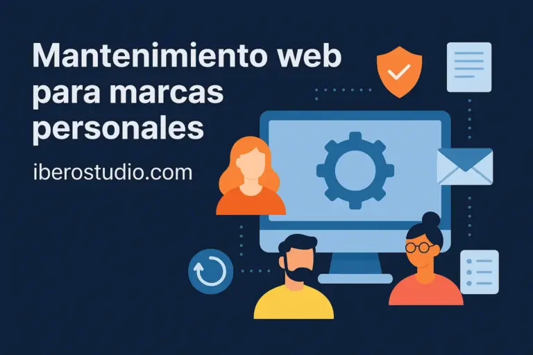 Gráfico digital que muestra el servicio de mantenimiento web de Iberostudio, destacando seguridad, copias de respaldo, formularios funcionales y tiempos de carga rápidos para marcas personales.