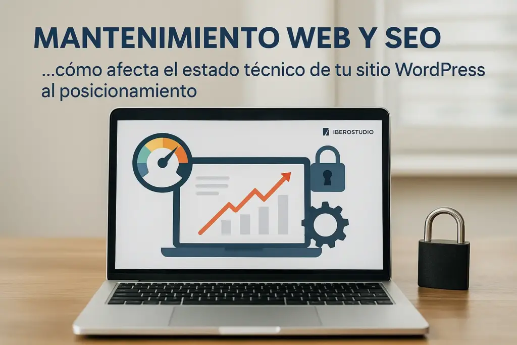 Laptop con panel de análisis SEO mostrando gráficos de rendimiento y seguridad, representando el mantenimiento web en WordPress para mejorar el posicionamiento