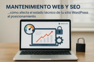 Laptop con panel de análisis SEO mostrando gráficos de rendimiento y seguridad, representando el mantenimiento web en WordPress para mejorar el posicionamiento