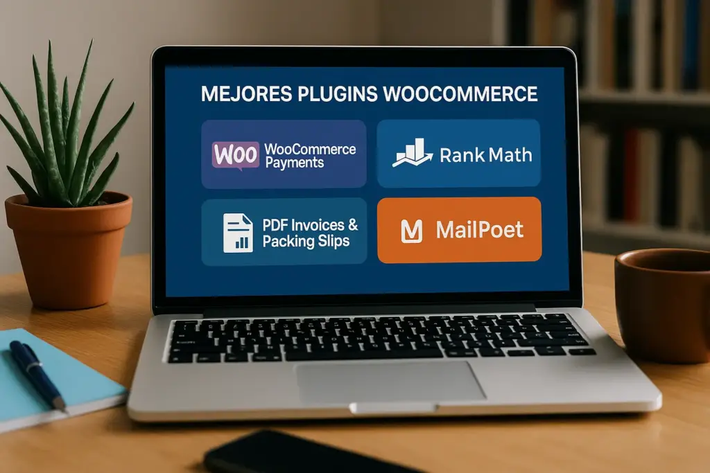 Vista realista de una tienda online WordPress optimizada con los mejores plugins WooCommerce, mostrando un panel de gestión y productos destacados.