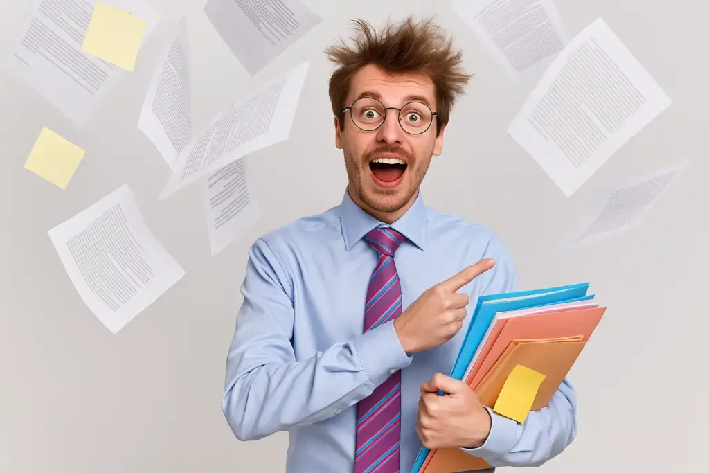 Hombre blanco despeinado soltando papeles al aire, simbolizando el estrés de gestionar un negocio sin ayuda profesional, ideal para destacar los servicios de gestión web de Ibero Studio.