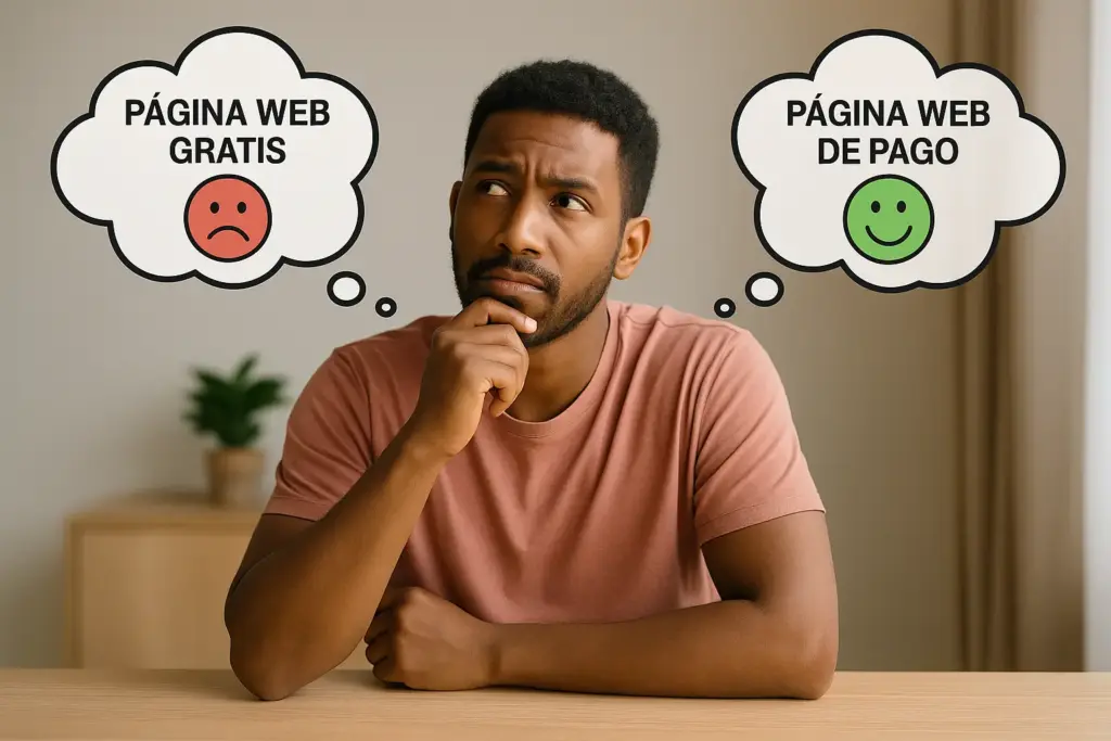 Hombre joven pensativo comparando las ventajas y desventajas de una página web gratis versus una de pago. En su mente aparecen dos burbujas: una con cara triste que dice "Página web gratis", y otra con cara feliz que dice "Página web de pago". Imagen ilustrativa del artículo de Iberostudio sobre crear página web gratis con conciencia.