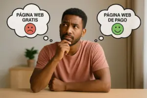 Hombre joven pensativo comparando las ventajas y desventajas de una página web gratis versus una de pago. En su mente aparecen dos burbujas: una con cara triste que dice "Página web gratis", y otra con cara feliz que dice "Página web de pago". Imagen ilustrativa del artículo de Iberostudio sobre crear página web gratis con conciencia.