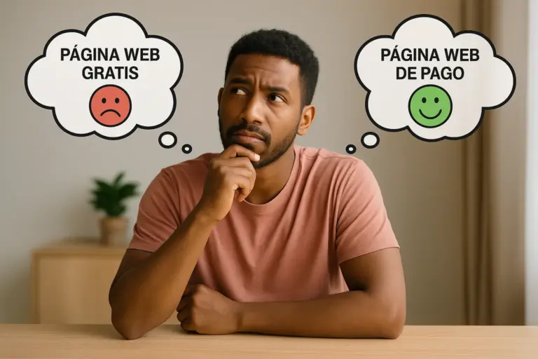 Hombre joven pensativo comparando las ventajas y desventajas de una página web gratis versus una de pago. En su mente aparecen dos burbujas: una con cara triste que dice "Página web gratis", y otra con cara feliz que dice "Página web de pago". Imagen ilustrativa del artículo de Iberostudio sobre crear página web gratis con conciencia.