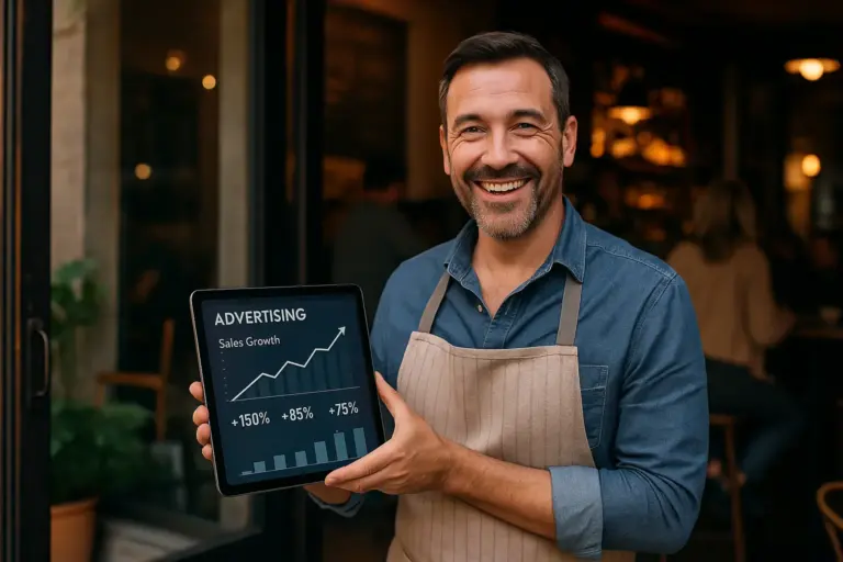 Empresario de una PYME sonriente frente a su negocio, mostrando en una tablet el éxito de sus campañas de Google Ads para PYMEs, gestionadas por Iberostudio, expertos en publicidad digital para pequeñas empresas.