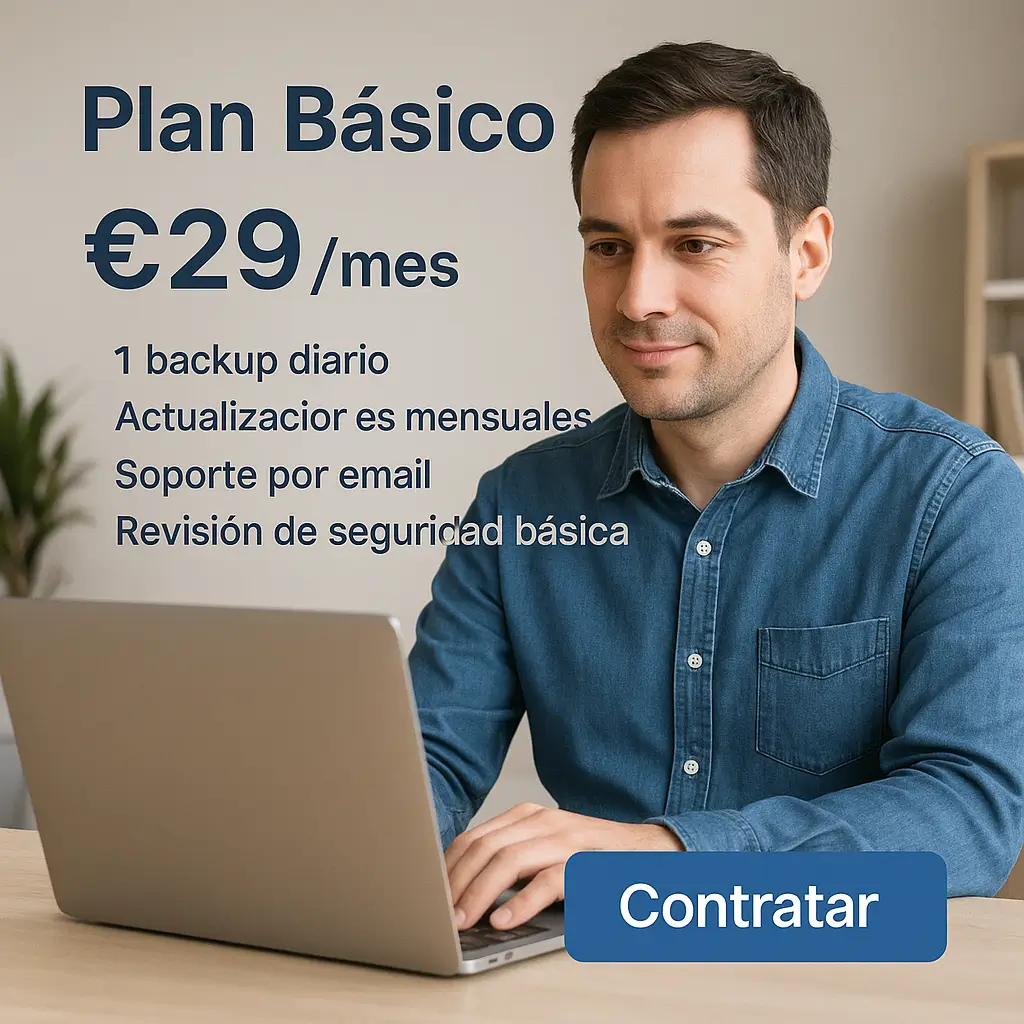 Hombre joven usando su portátil en un entorno tranquilo de oficina en casa, representando el “Plan Básico” de Iberostudio, ideal para blogs o webs informativas con poco tráfico que necesitan protección esencial y soporte por email.Hombre joven usando su portátil en casa, representando el servicio de mantenimiento web básico de Iberostudio, ideal para blogs o sitios informativos con poco tráfico que necesitan copias de seguridad, actualizaciones mensuales y soporte por email.