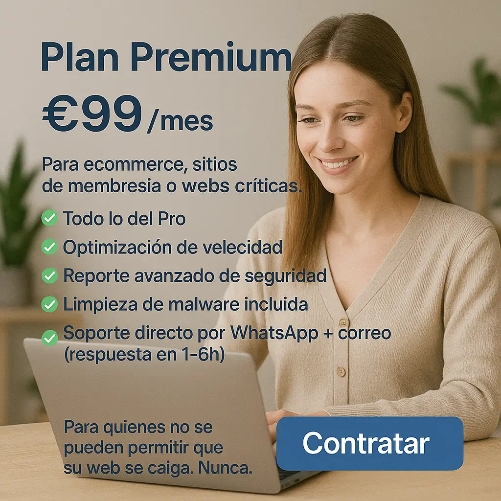 Mujer joven con actitud profesional usando su portátil, representando el servicio de mantenimiento web premium de Iberostudio, diseñado para ecommerce o webs críticas que requieren velocidad, seguridad avanzada y soporte urgente.