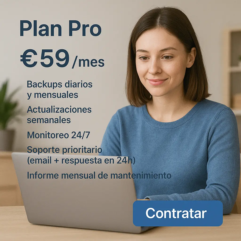 Mujer joven trabajando en su portátil con expresión tranquila, simbolizando el mantenimiento web del Plan Pro de Iberostudio, ideal para quienes buscan un equilibrio entre seguridad, rendimiento y soporte prioritario para su sitio web.