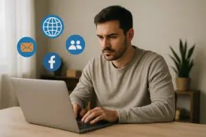 Joven trabajando en su laptop desde casa, rodeado de iconos digitales, representando la importancia de tener un sitio web y presencia en Internet.