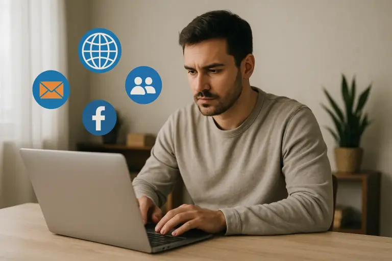 Joven trabajando en su laptop desde casa, rodeado de iconos digitales, representando la importancia de tener un sitio web y presencia en Internet.