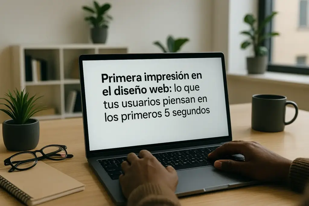 Primera impresión diseño web: Persona trabajando en portátil con una presentación en pantalla, en una oficina moderna y bien iluminada.