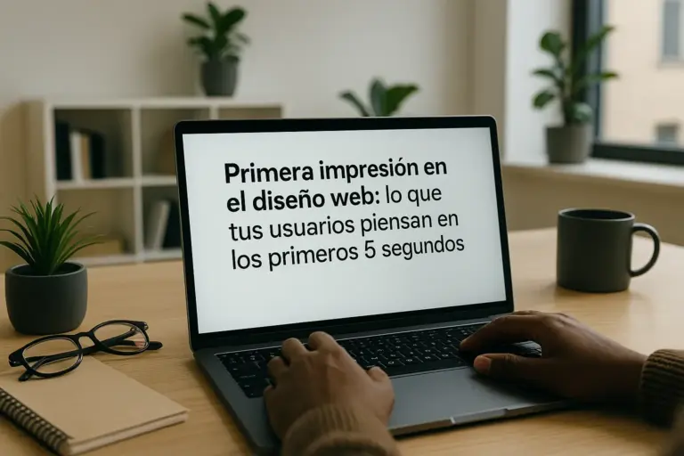 Primera impresión diseño web: Persona trabajando en portátil con una presentación en pantalla, en una oficina moderna y bien iluminada.