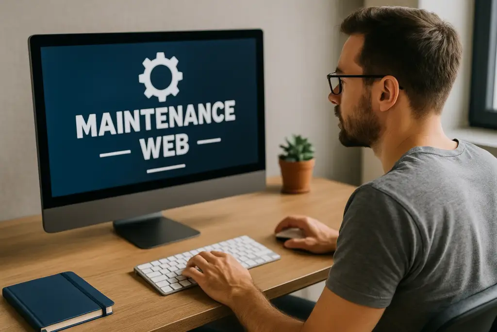 Especialista realizando tareas de mantenimiento web en un entorno de oficina moderno, representando la importancia de mantener un sitio seguro, rápido y actualizado.