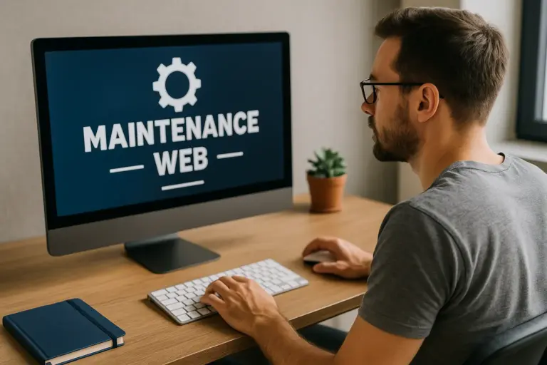 Especialista realizando tareas de mantenimiento web en un entorno de oficina moderno, representando la importancia de mantener un sitio seguro, rápido y actualizado.