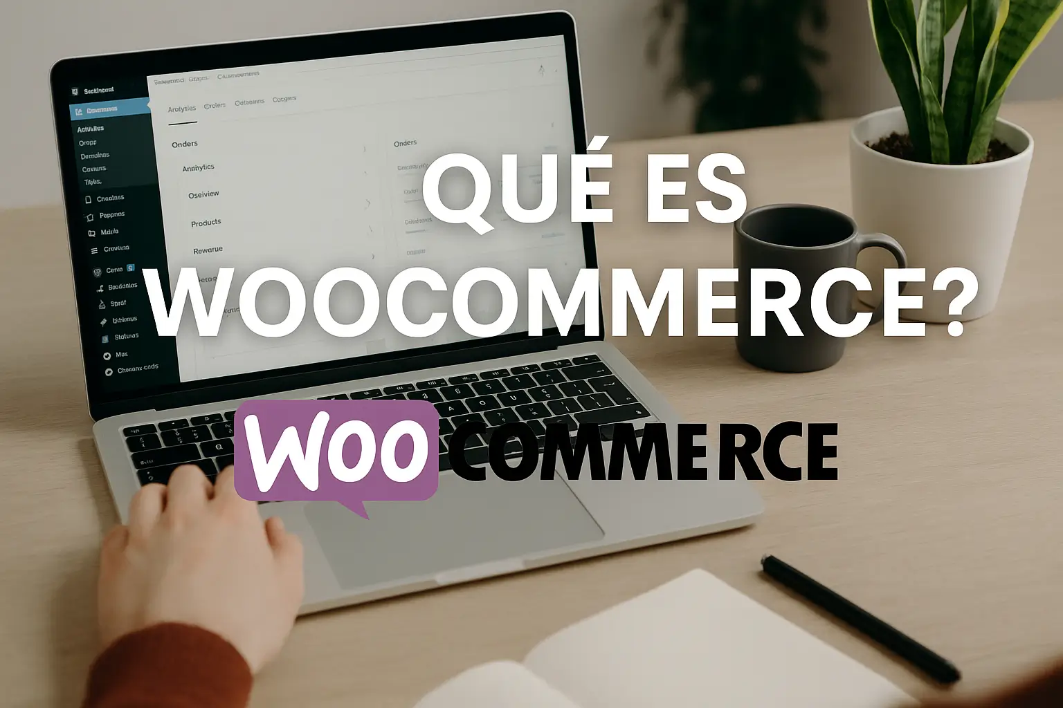 Laptop mostrando el panel de WooCommerce en WordPress, con elementos de oficina y la frase 'Qué es WooCommerce' en pantalla
