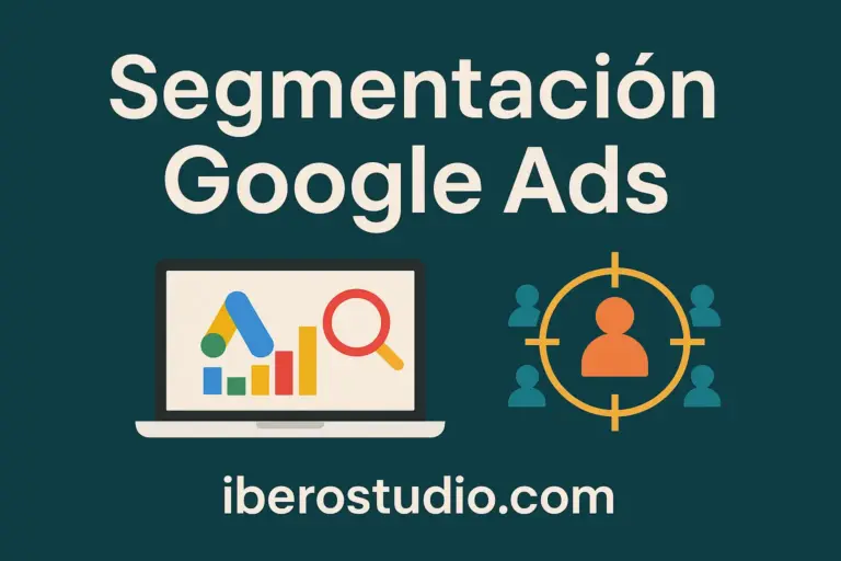 Gráfico horizontal sobre segmentación en Google Ads con iconos visuales de audiencia y analítica, creado para el blog de iberostudio.com.