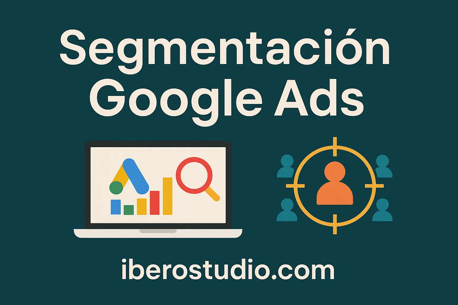 Gráfico horizontal sobre segmentación en Google Ads con iconos visuales de audiencia y analítica, creado para el blog de iberostudio.com.
