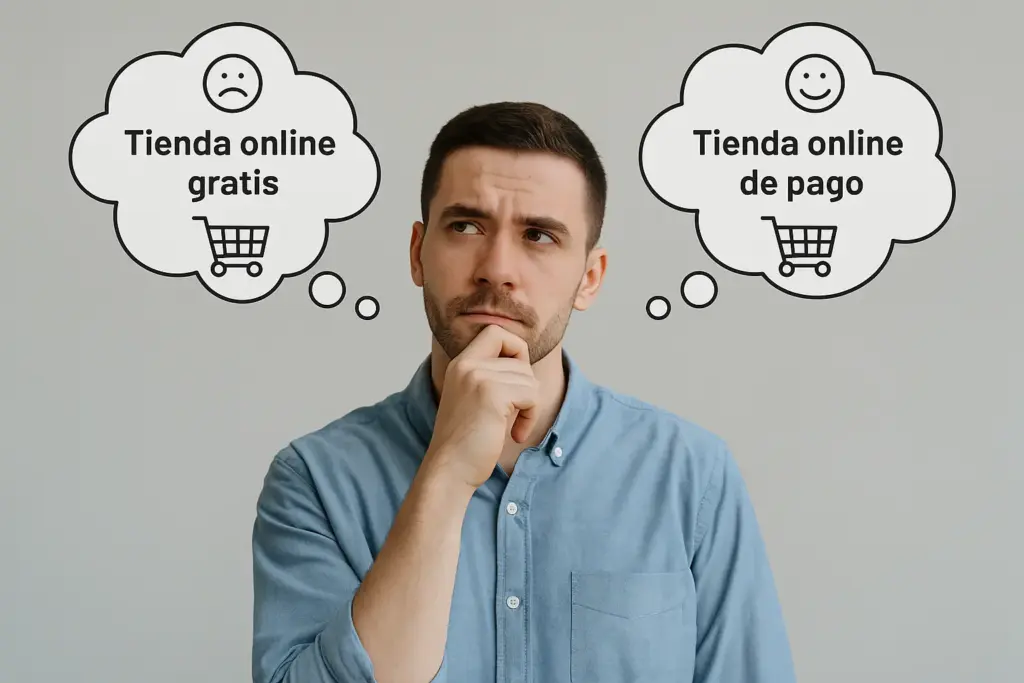 Hombre pensativo comparando la decisión entre hacer una tienda online gratis o pagar por una tienda profesional. Imagen ilustrativa del artículo de Iberostudio sobre los riesgos y ventajas de hacer una tienda online gratis.